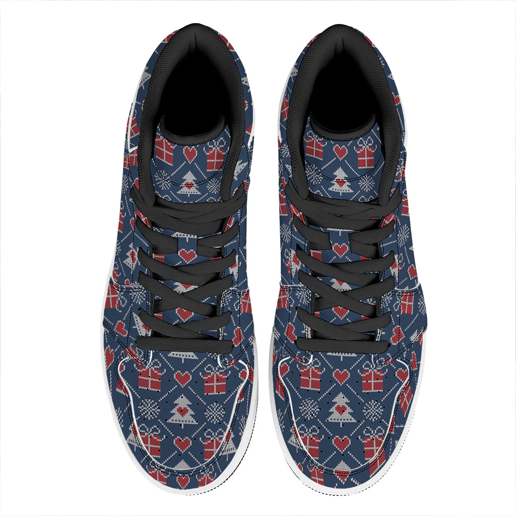 Christmas Gift Knitted Pattern Print High Top Leather Sneakers