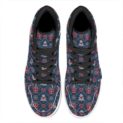 Christmas Gift Knitted Pattern Print High Top Leather Sneakers