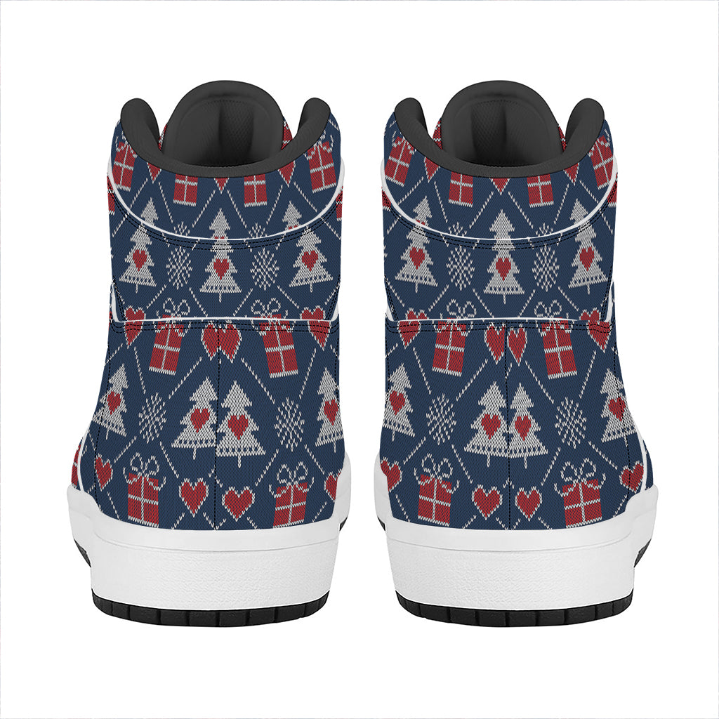 Christmas Gift Knitted Pattern Print High Top Leather Sneakers