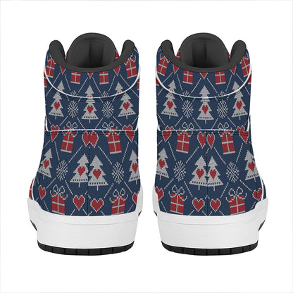 Christmas Gift Knitted Pattern Print High Top Leather Sneakers