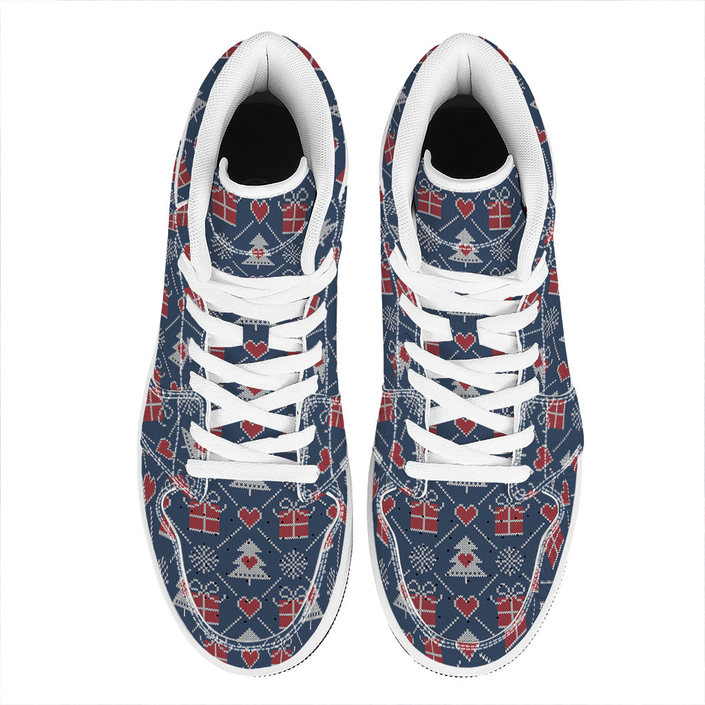 Christmas Gift Knitted Pattern Print High Top Leather Sneakers