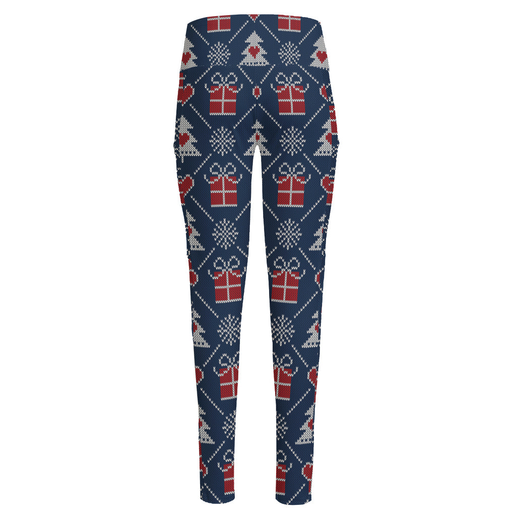 Christmas Gift Knitted Pattern Print High-Waisted Pocket Leggings