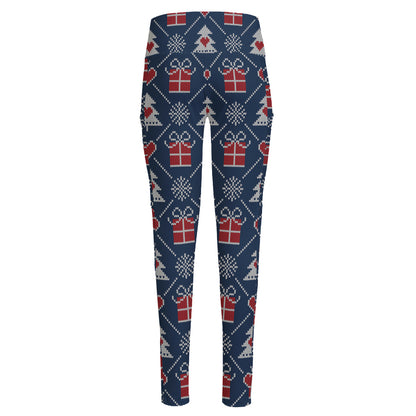 Christmas Gift Knitted Pattern Print High-Waisted Pocket Leggings