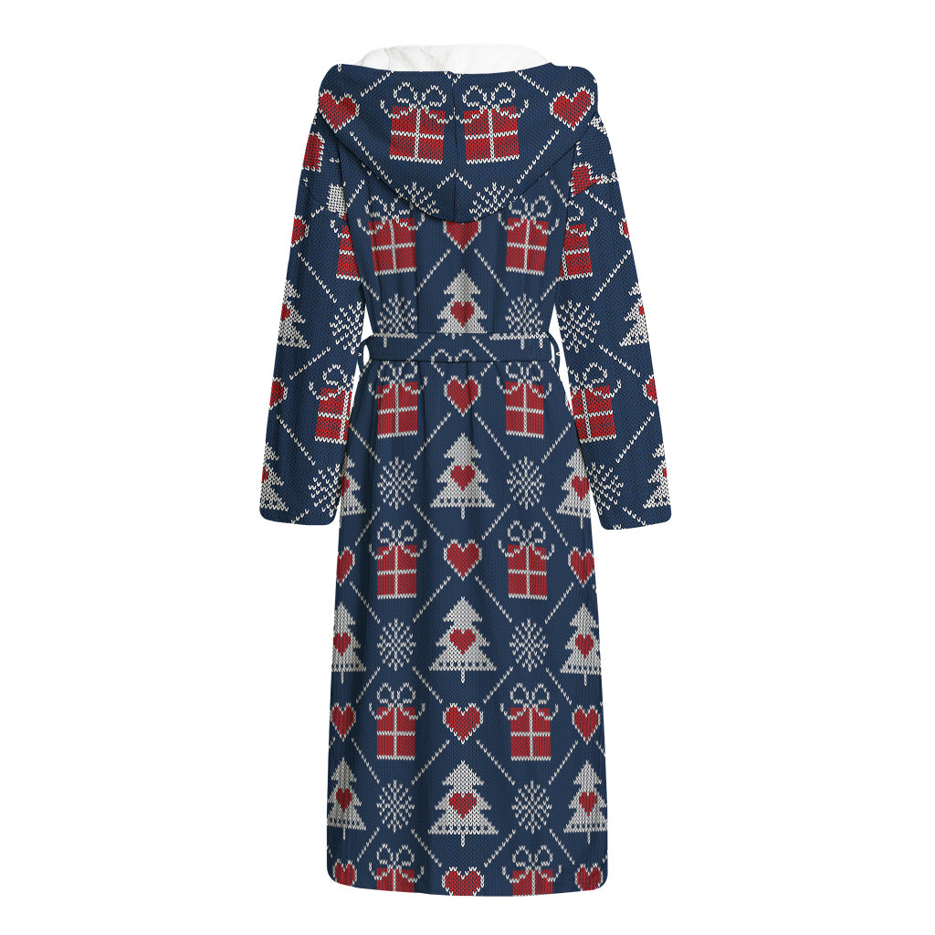 Christmas Gift Knitted Pattern Print Hooded Bathrobe