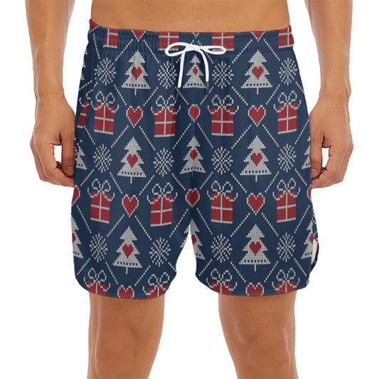 Christmas Gift Knitted Pattern Print Men's Split Running Shorts