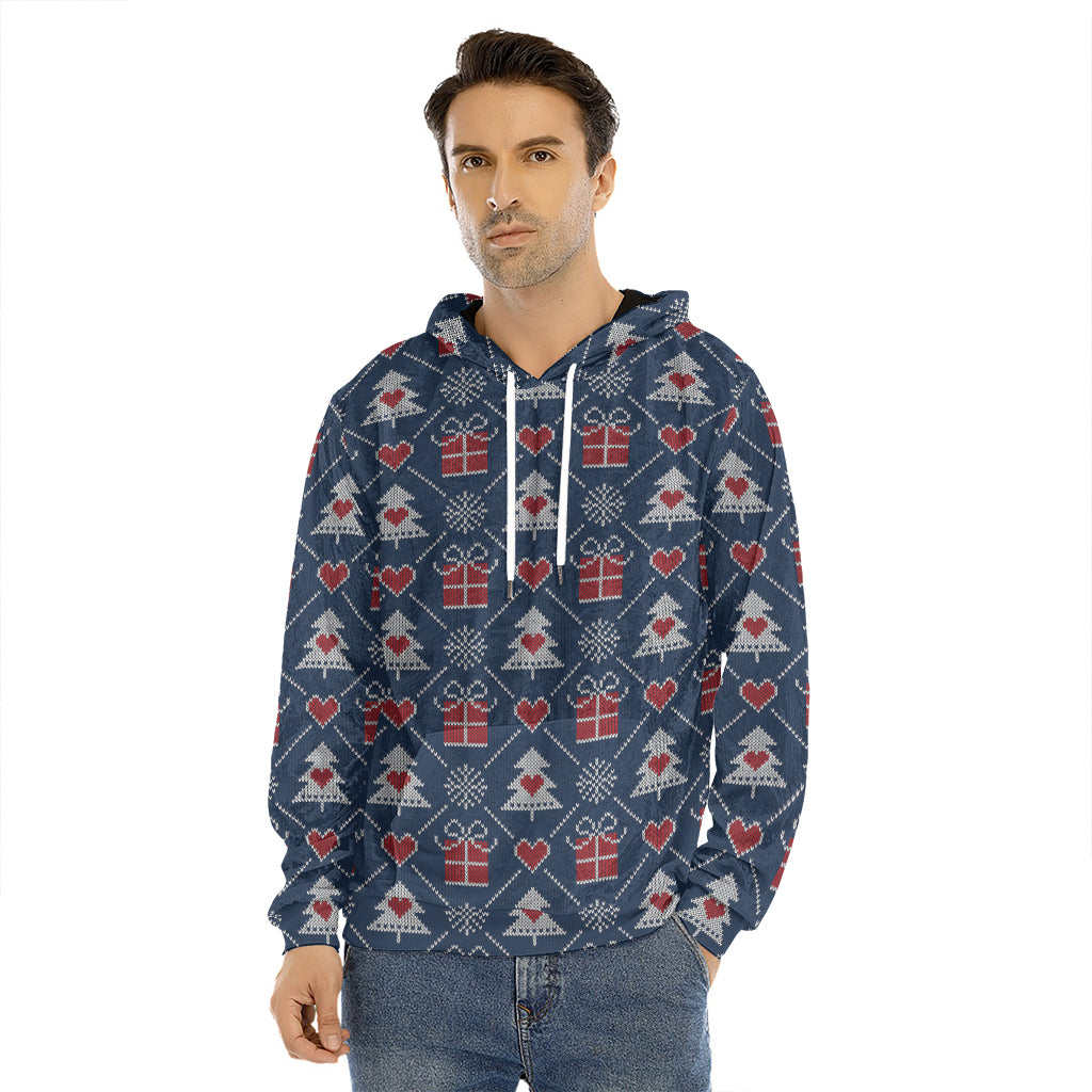 Christmas Gift Knitted Pattern Print Men's Velvet Pullover Hoodie