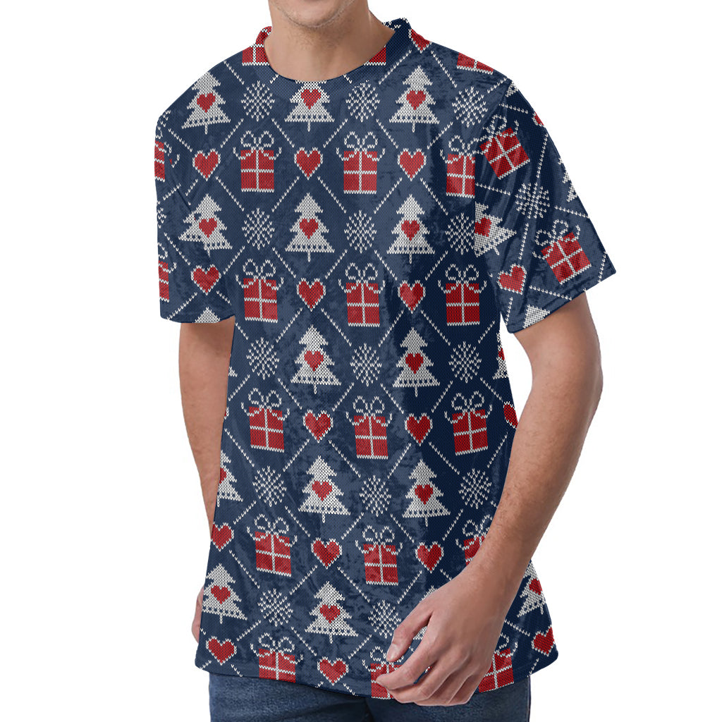 Christmas Gift Knitted Pattern Print Men's Velvet T-Shirt