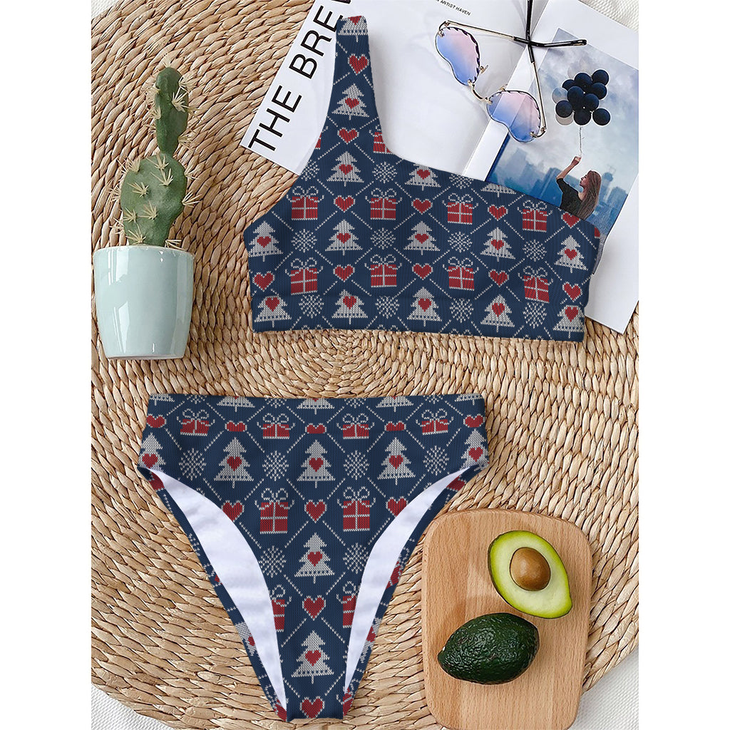 Christmas Gift Knitted Pattern Print One Shoulder Bikini Top