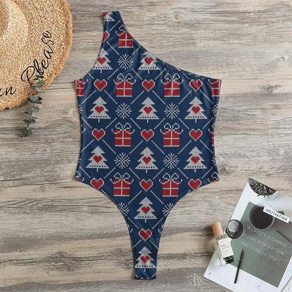 Christmas Gift Knitted Pattern Print One Shoulder Bodysuit