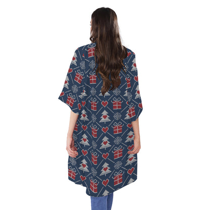 Christmas Gift Knitted Pattern Print Open Front Beach Cover Up