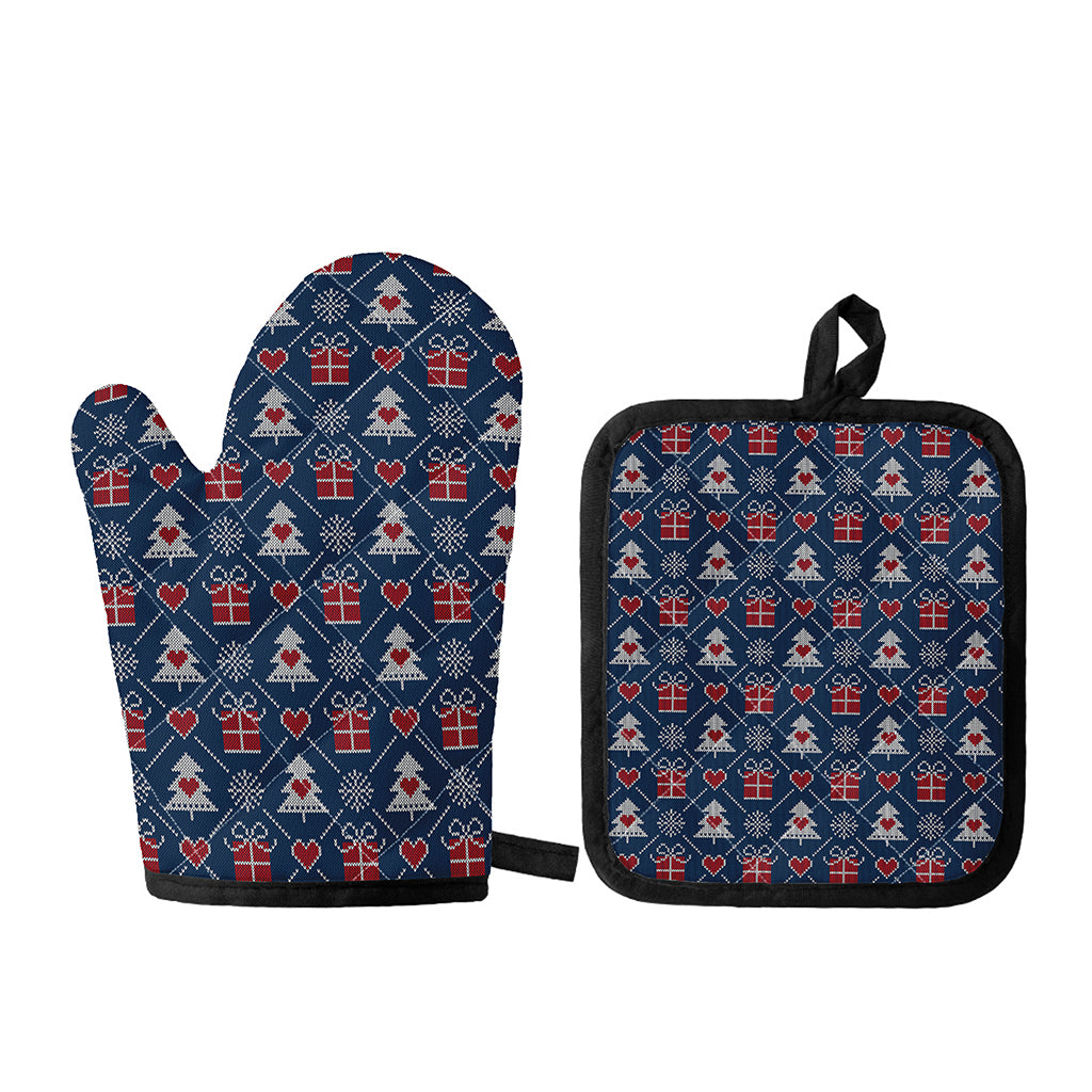 Christmas Gift Knitted Pattern Print Oven Mitt And Pot Holder Set