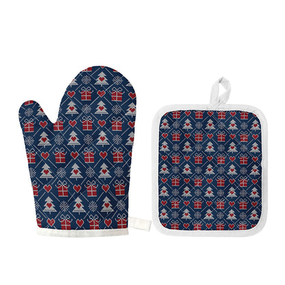 Christmas Gift Knitted Pattern Print Oven Mitt And Pot Holder Set