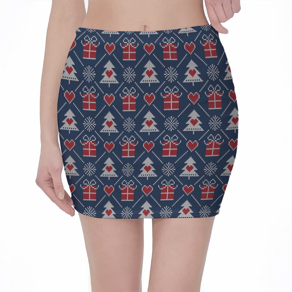 Christmas Gift Knitted Pattern Print Pencil Mini Skirt