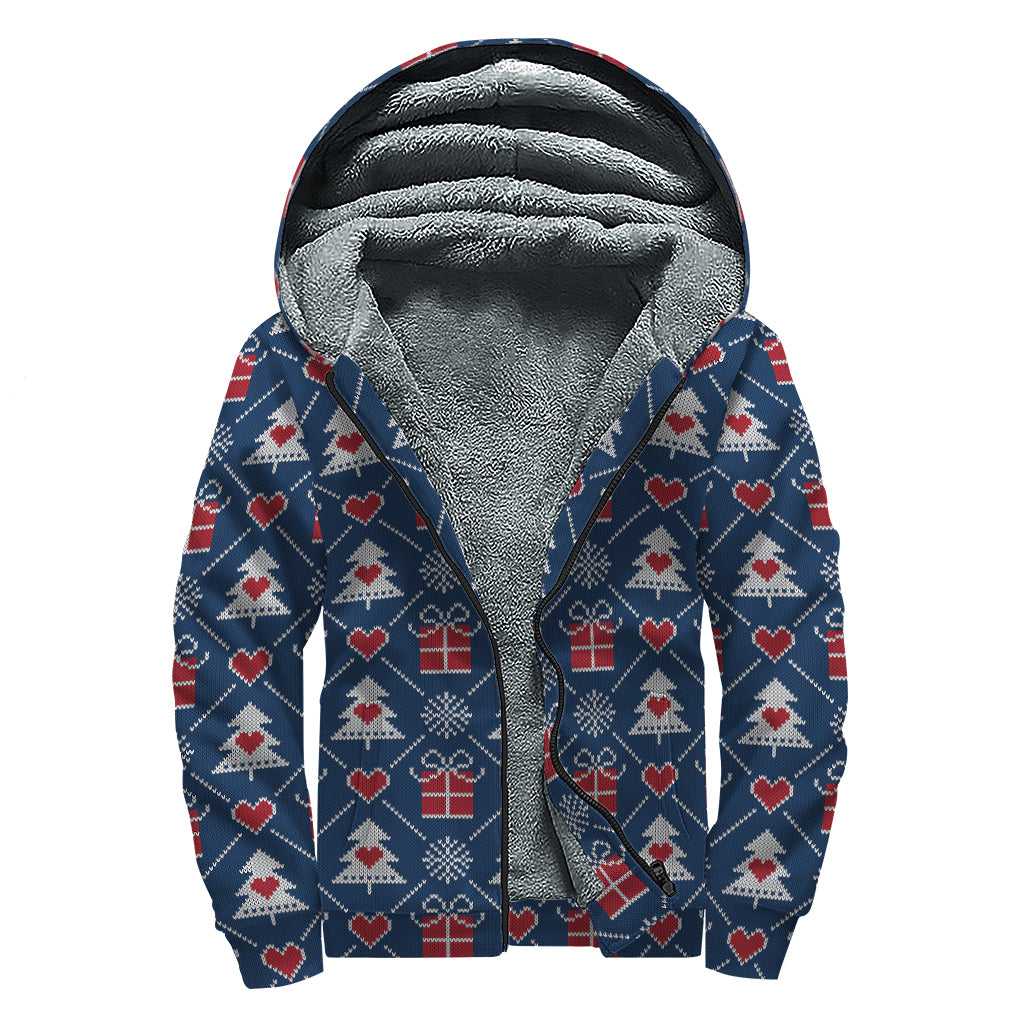 Christmas Gift Knitted Pattern Print Sherpa Lined Zip Up Hoodie