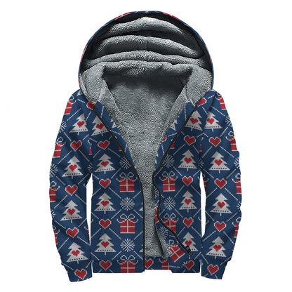 Christmas Gift Knitted Pattern Print Sherpa Lined Zip Up Hoodie