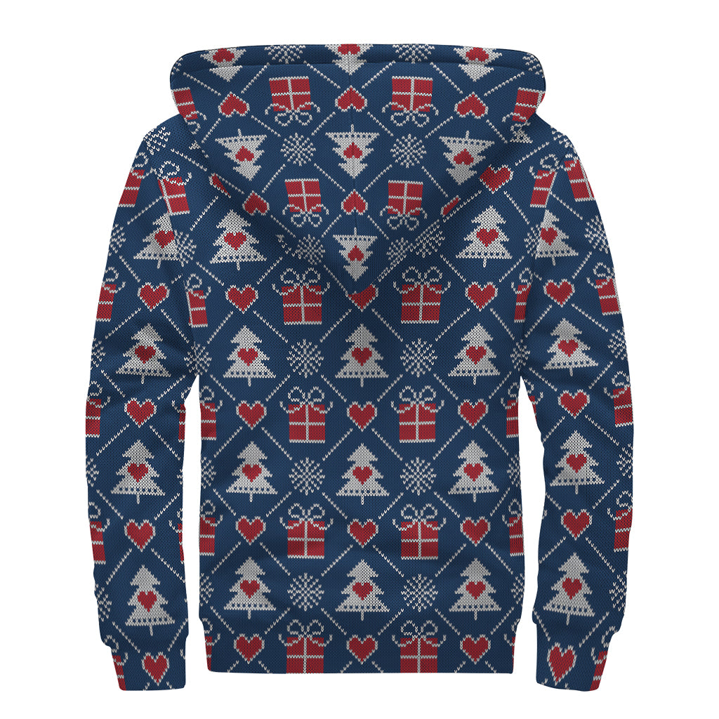 Christmas Gift Knitted Pattern Print Sherpa Lined Zip Up Hoodie