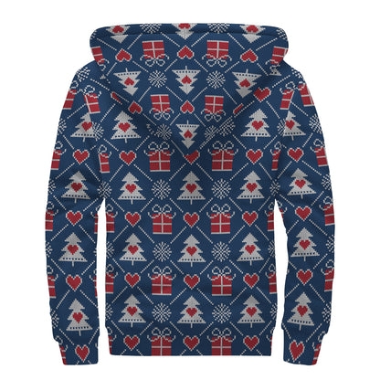 Christmas Gift Knitted Pattern Print Sherpa Lined Zip Up Hoodie