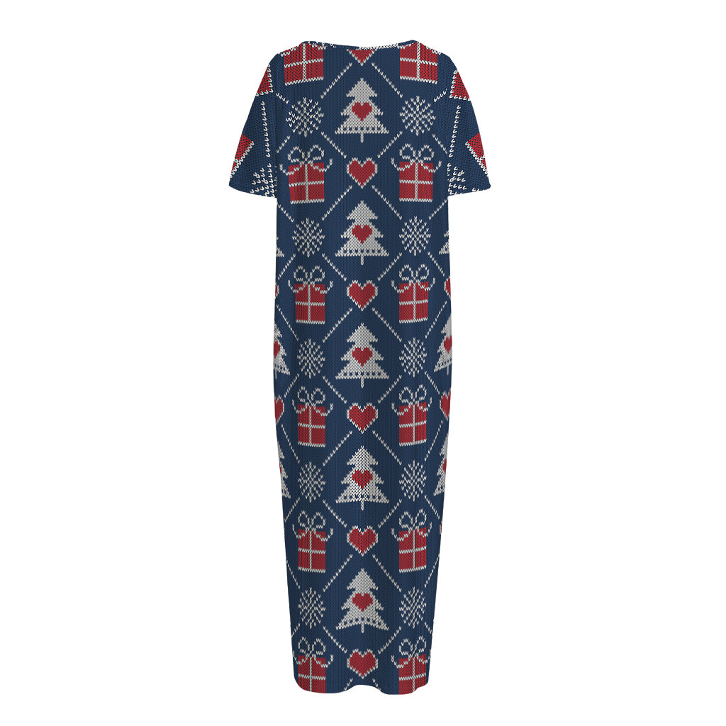 Christmas Gift Knitted Pattern Print Short Sleeve Long Nightdress