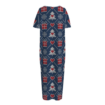 Christmas Gift Knitted Pattern Print Short Sleeve Long Nightdress