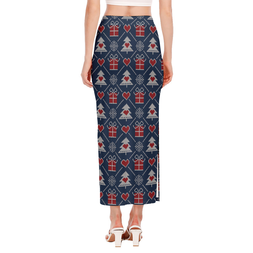 Christmas Gift Knitted Pattern Print Side Slit Maxi Skirt