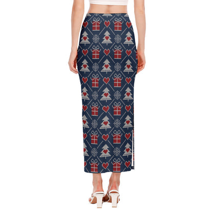 Christmas Gift Knitted Pattern Print Side Slit Maxi Skirt