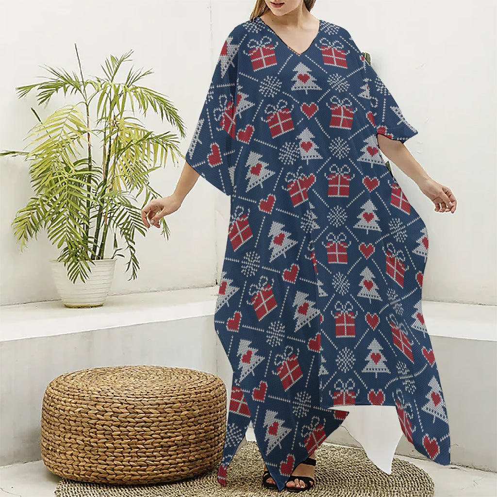 Christmas Gift Knitted Pattern Print Silk V-Neck Kaftan Dress