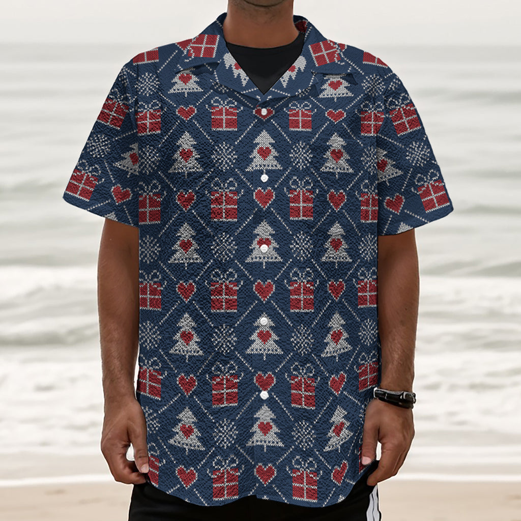 Christmas Gift Knitted Pattern Print Textured Short Sleeve Shirt