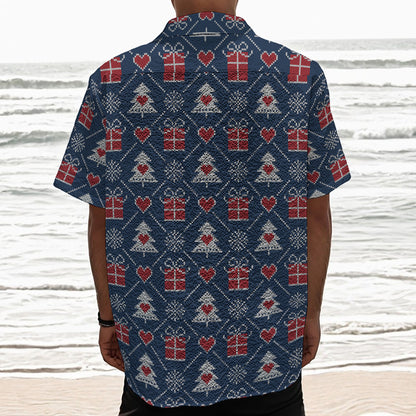 Christmas Gift Knitted Pattern Print Textured Short Sleeve Shirt