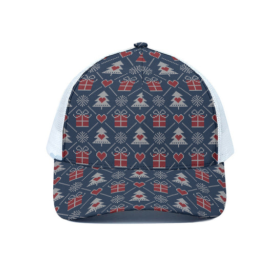 Christmas Gift Knitted Pattern Print White Mesh Trucker Cap