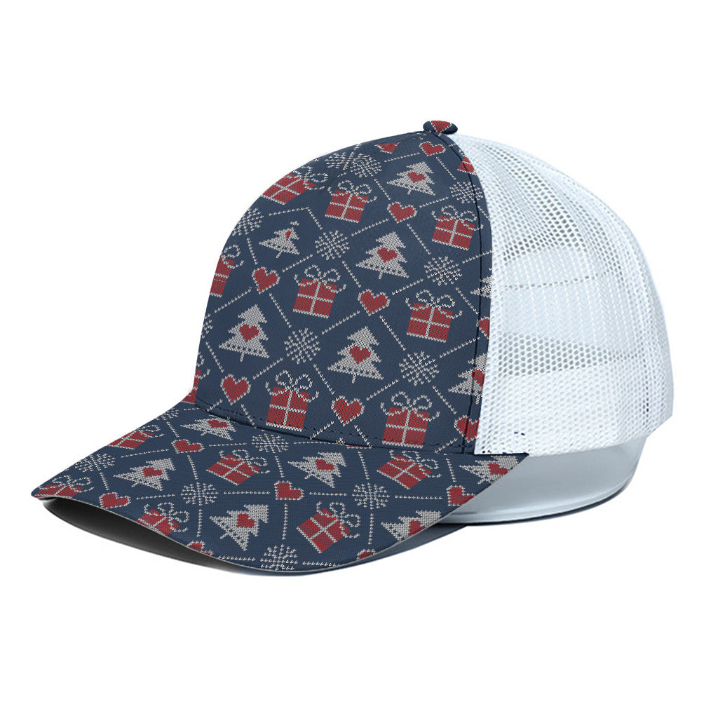 Christmas Gift Knitted Pattern Print White Mesh Trucker Cap
