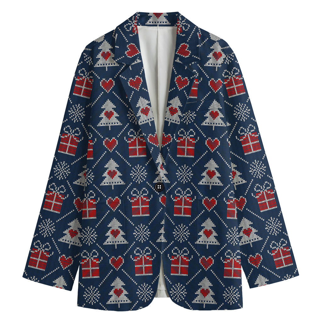 Christmas Gift Knitted Pattern Print Women's Cotton Blazer