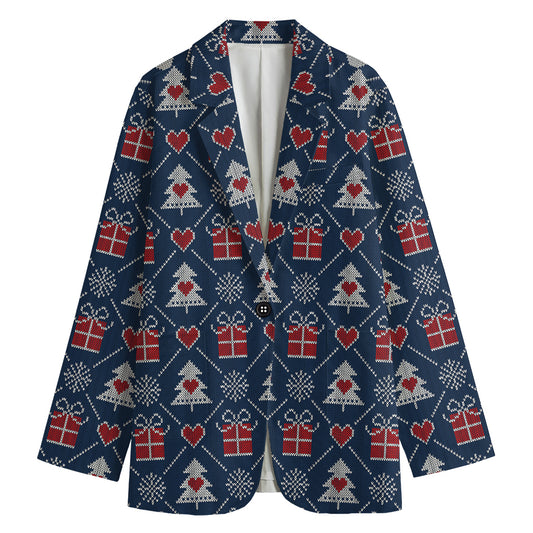 Christmas Gift Knitted Pattern Print Women's Cotton Blazer