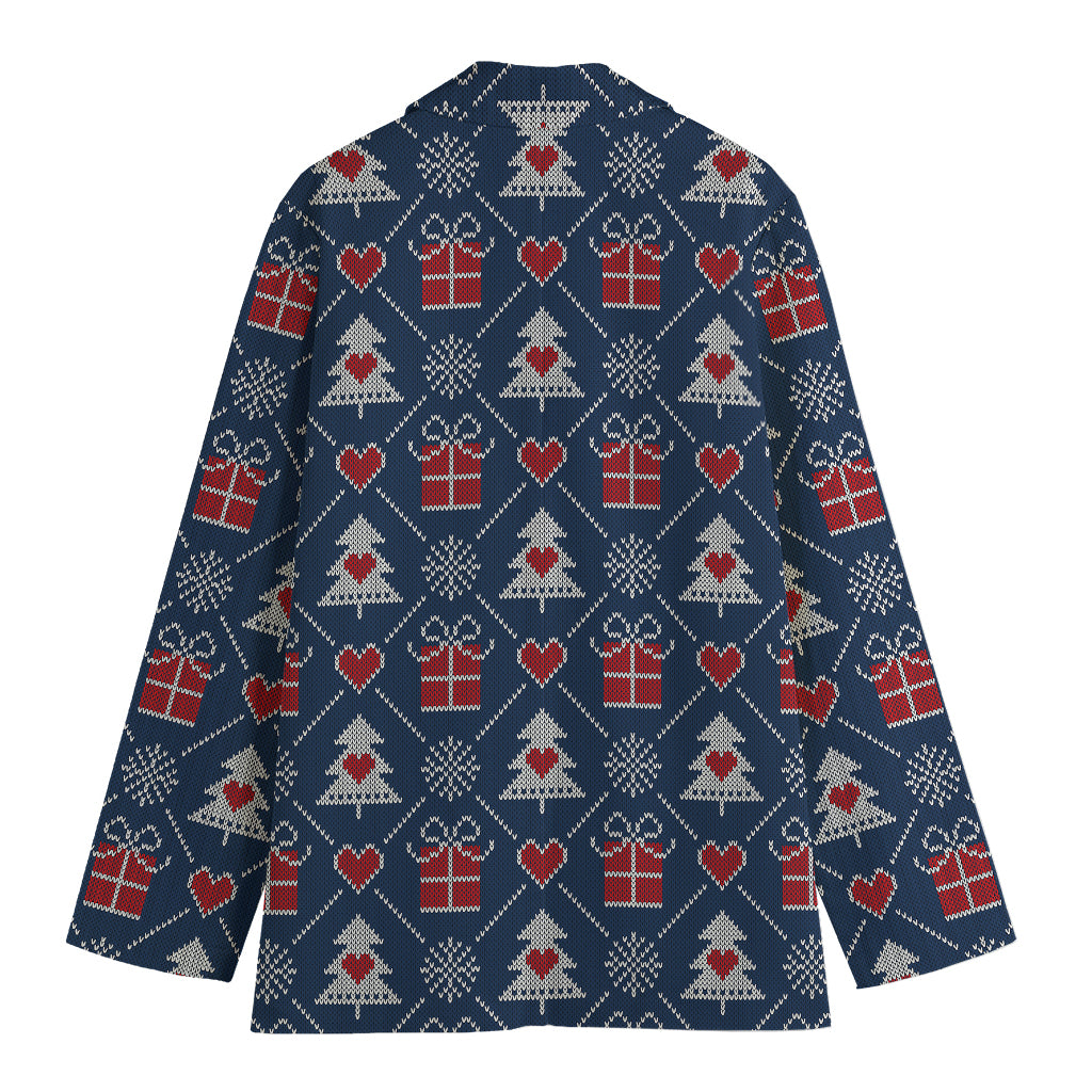 Christmas Gift Knitted Pattern Print Women's Cotton Blazer