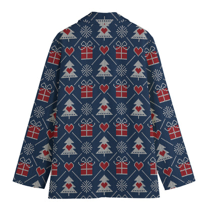 Christmas Gift Knitted Pattern Print Women's Cotton Blazer