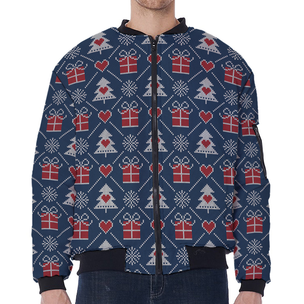 Christmas Gift Knitted Pattern Print Zip Sleeve Bomber Jacket