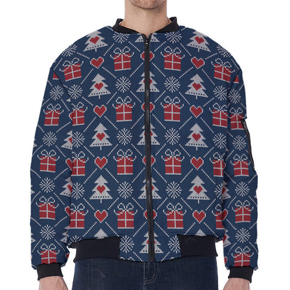 Christmas Gift Knitted Pattern Print Zip Sleeve Bomber Jacket