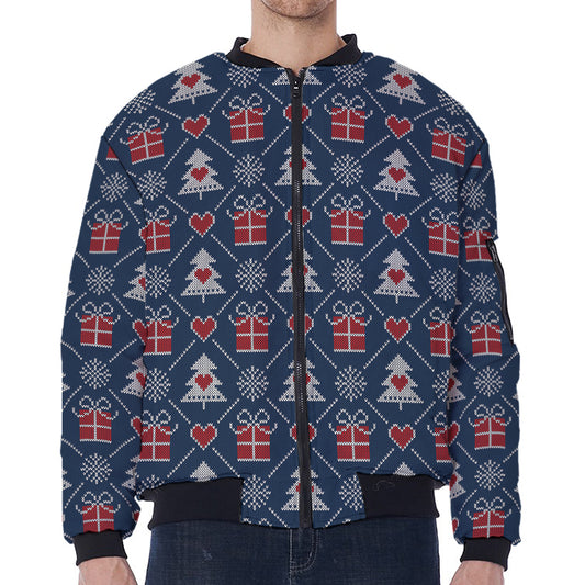 Christmas Gift Knitted Pattern Print Zip Sleeve Bomber Jacket