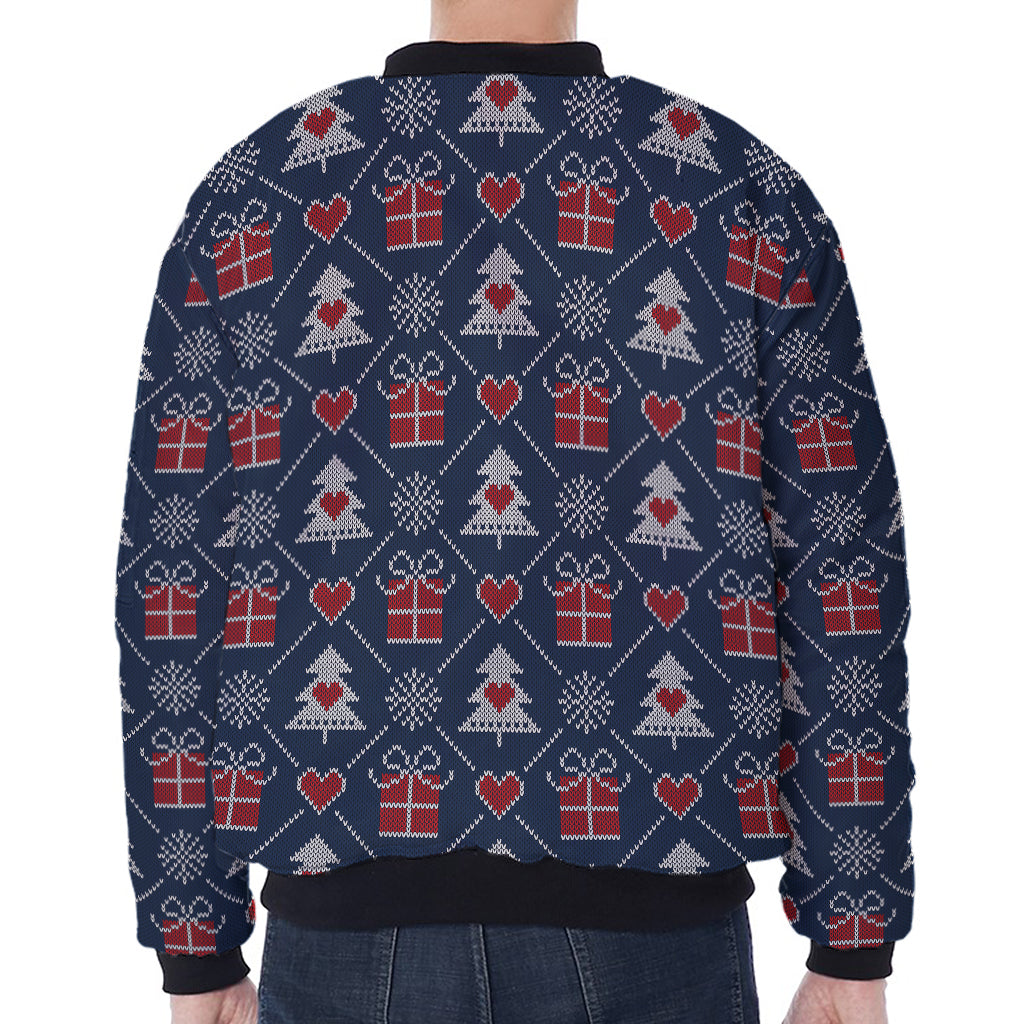 Christmas Gift Knitted Pattern Print Zip Sleeve Bomber Jacket