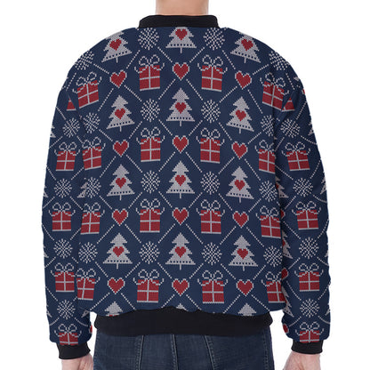 Christmas Gift Knitted Pattern Print Zip Sleeve Bomber Jacket