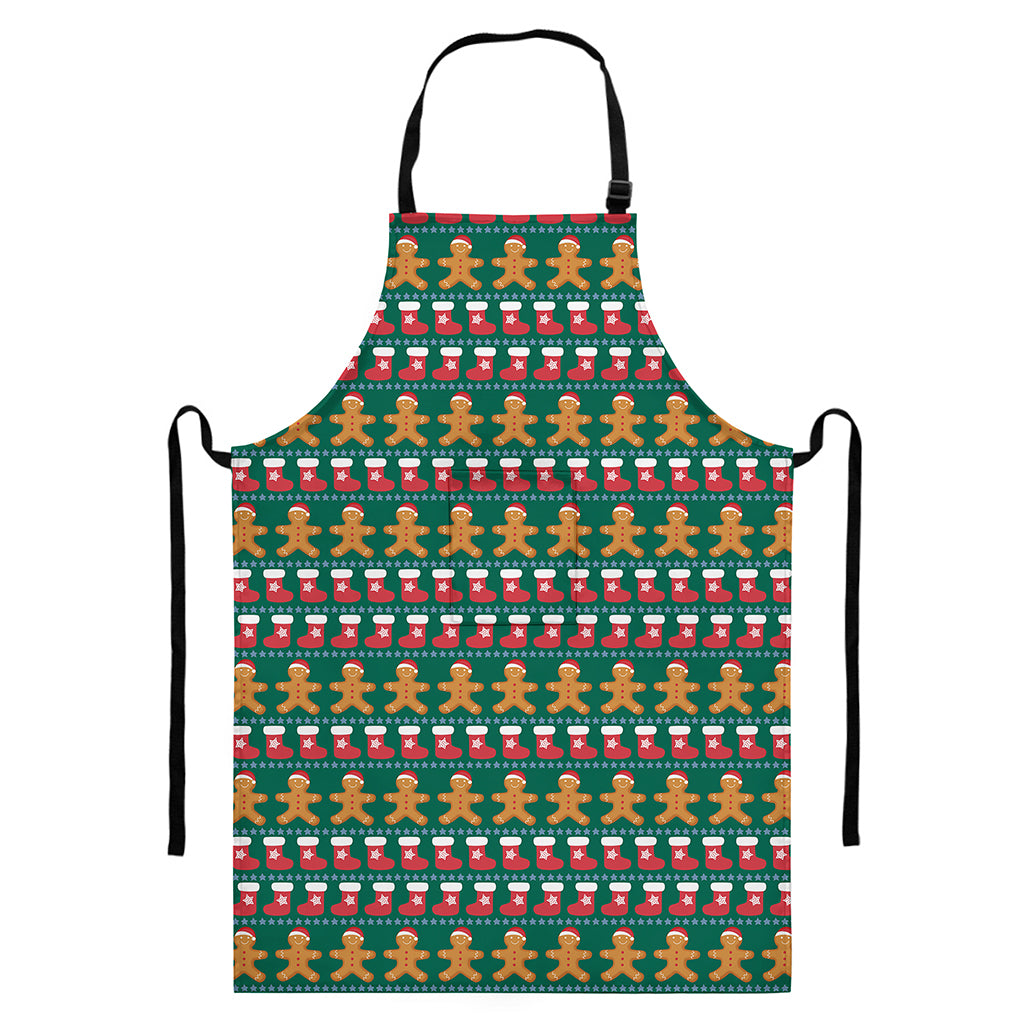 Christmas Gingerbread Man Pattern Print Bib Apron With Pocket