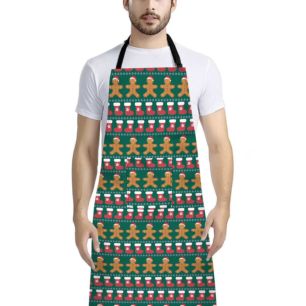 Christmas Gingerbread Man Pattern Print Bib Apron With Pocket