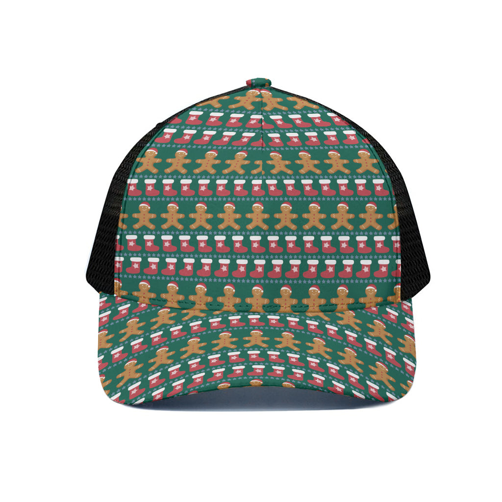Christmas Gingerbread Man Pattern Print Black Mesh Trucker Cap
