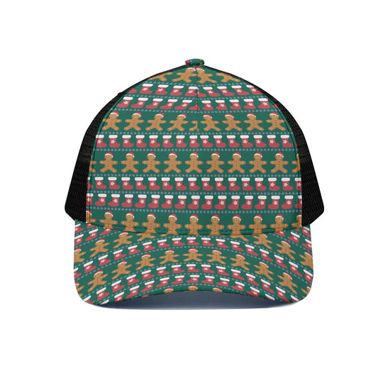 Christmas Gingerbread Man Pattern Print Black Mesh Trucker Cap