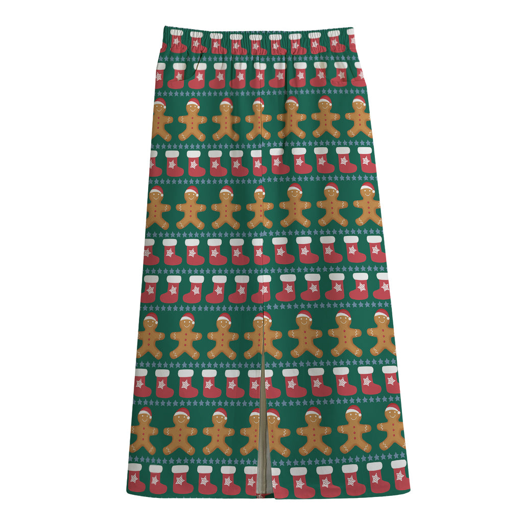 Christmas Gingerbread Man Pattern Print Cotton Front Slit Maxi Skirt