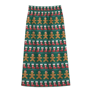 Christmas Gingerbread Man Pattern Print Cotton Front Slit Maxi Skirt