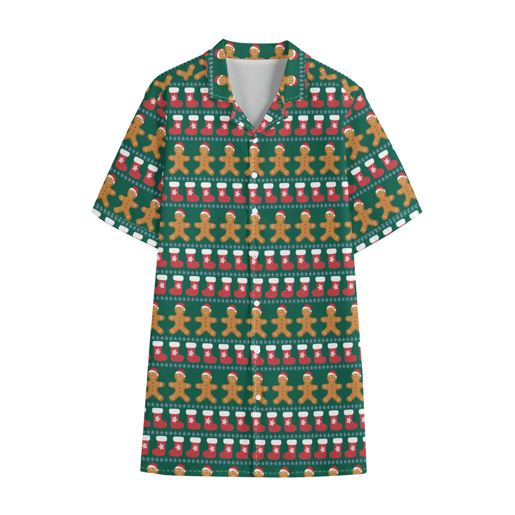 Christmas Gingerbread Man Pattern Print Cotton Hawaiian Shirt