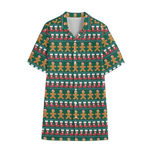 Christmas Gingerbread Man Pattern Print Cotton Hawaiian Shirt
