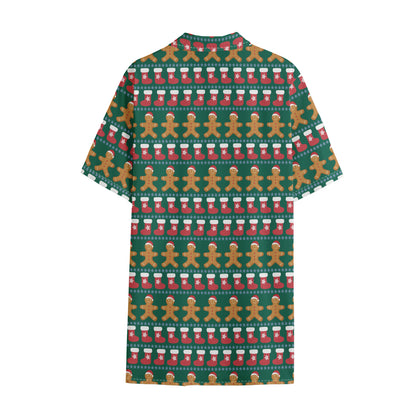 Christmas Gingerbread Man Pattern Print Cotton Hawaiian Shirt