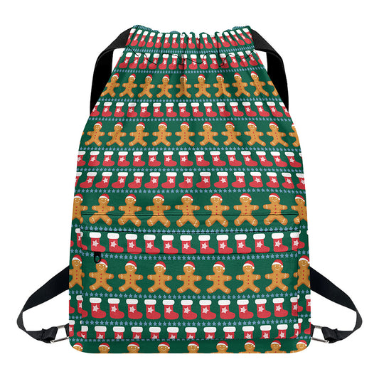 Christmas Gingerbread Man Pattern Print Drawstring Backpack