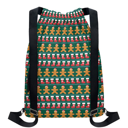Christmas Gingerbread Man Pattern Print Drawstring Backpack